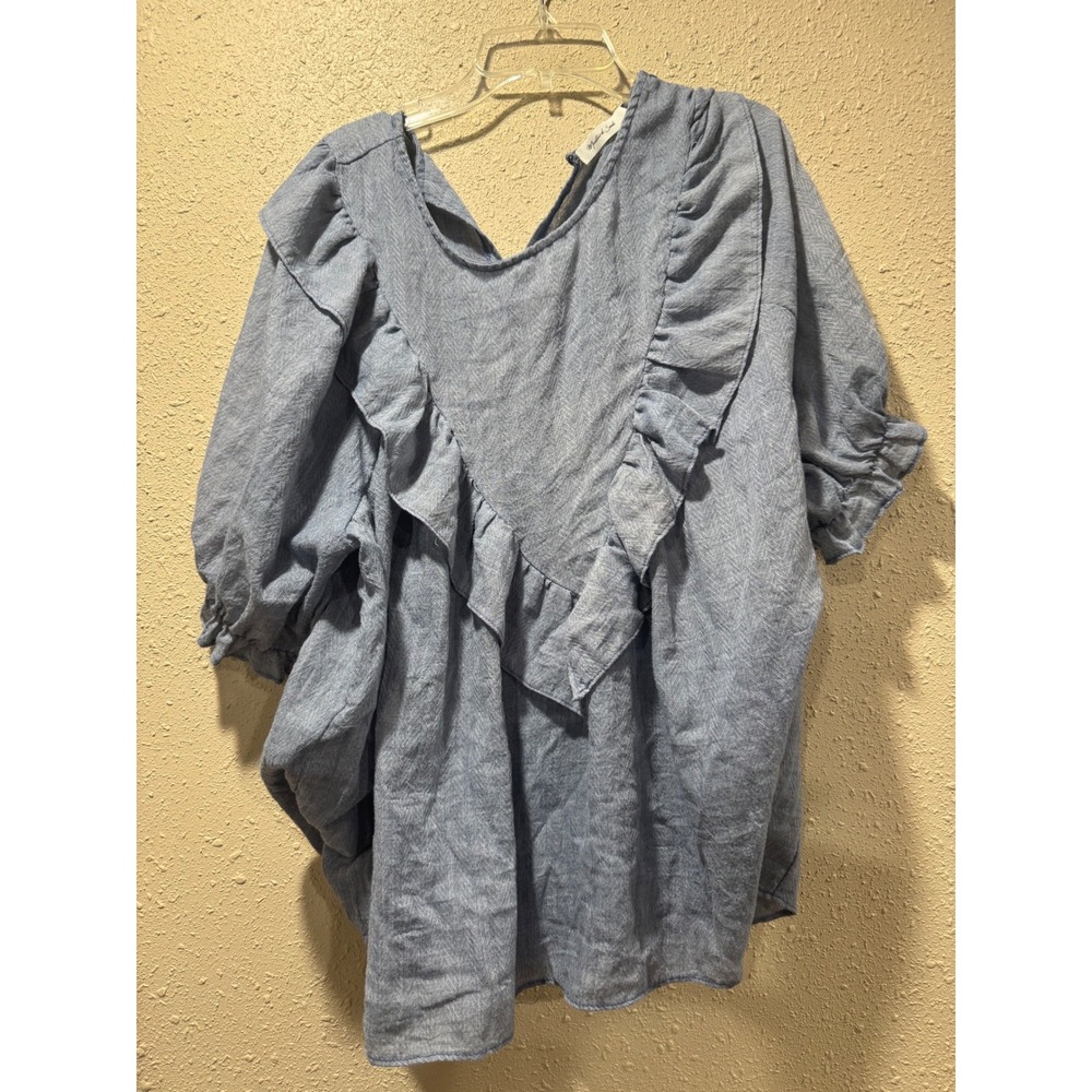 Mustard Seed Blue Herringbone Ruffle Puff Sleeve Blouse Top Boho Cottagecore